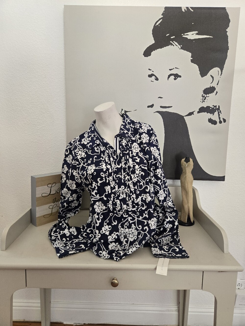 NWT Womens Charter Club Navy & White Printed Women's Long Sleeve Blouse Size 18